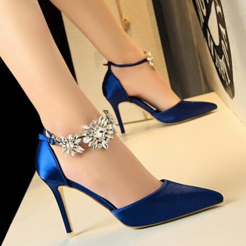 New High-heeled Shoes Womens Shoes Stiletto High-heeled Satin Hollow Shallow Pointed Toe Rhinestone Sandals Pumps Wedding Shoe