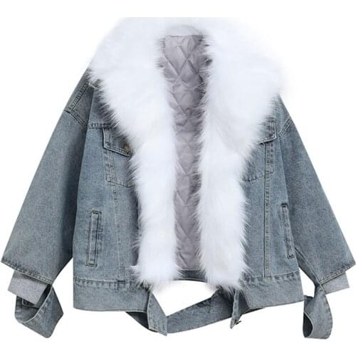 New Large size Plus Velvet Padded Korean version Big Fur Collar Winter Warm Women Denim Jacket Short Women Denim Jacket JK230