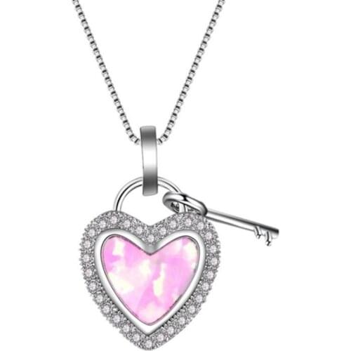 Silver Plated 5 Colors Opalite Opal Pendant Romantic Cute Heart Necklace with Key Charm Jewelry