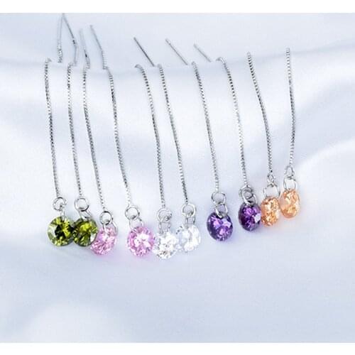 Women Long Ear Line Geometric Round Zircon Dangle Drop Earrings Simple Silver Color Tassel Jewelry For Women boucle oreille