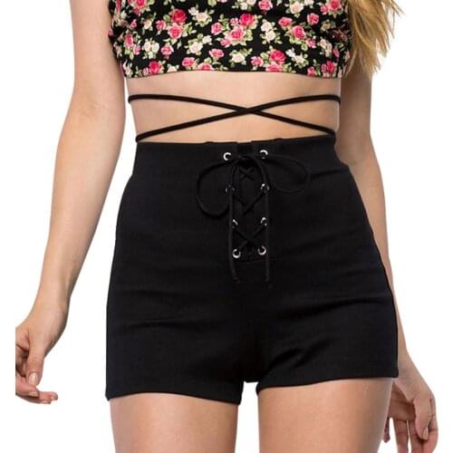 Sexy Women Lace Up Drawstring High Waist Shorts Solid Black Biker Short Shorts Cross Bandage Casual Hot Shorts