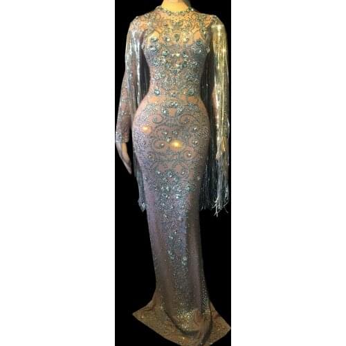 Sparkly Silver Crystals Fringes Long Dress Women Sexy Party Night Dress Prom Birthday Celebrate Tassel Outfit Female Stage Wear