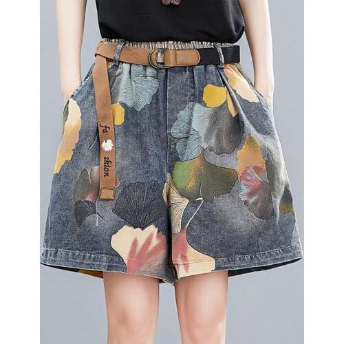 Baggy Jeans Shorts Women Summer High Waist Plus Size Vintage Print Denim Shorts Femme Korean Casual Wide Leg Shorts Jeans Pants