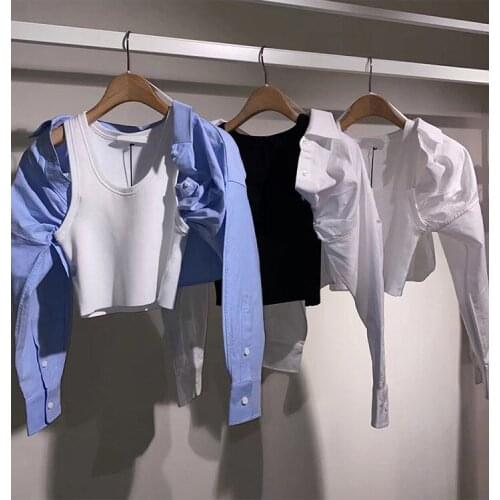 2021 women fashion Round neck fake two-piece splicing shirt hd210807