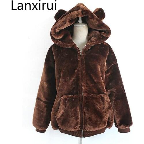 Korean Cute Thicken Jacket Hooded Woman Coat Of Winter Long Sleeve Jackets For Women Straight Thick Plush Jacket Abrigo Mujer