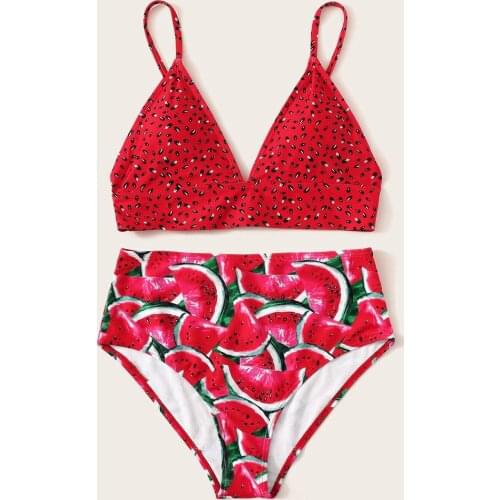 High Waist Bikini Women Watermelon Print Tube Up Two Pieces Bikini Push-up Swimsuit Swimwear Beachwear Maillot De Bain Femme @40