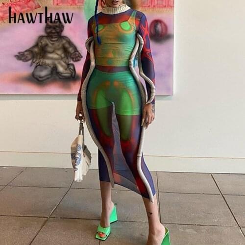 Hawthaw Women Sexy Autumn Long Sleeve Printed Bodycon Mesh See Through Midi Dress 2021 Fall Clothes Wholesale Items Streetwear