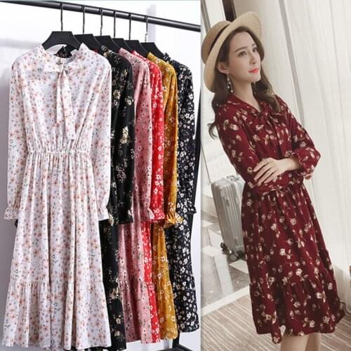 2019 New Spring Summer Women Chiffon Dress Casual High Waist Print Pleated Dress Long Sleeve Ruffled Flare Sleeve Dresses
