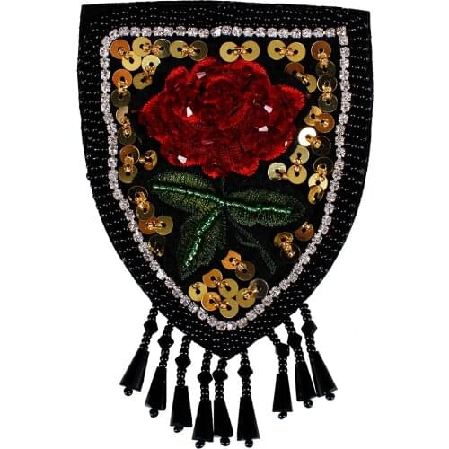 10piece Beaded Crystal Rose Badge Sequin Beading Fringe Tassel Shoulder Patches Applique DIY Emblem Clothes Decorated TH629