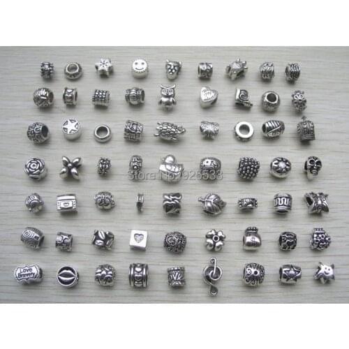Free shipping 63pcs/lot mix style big hole antique silver plated metal beads alloy charms fit European bracelet jewelry DIY