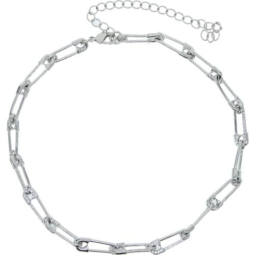 High quality micro pave cz safety pin link chain choker necklace 32+8cm for women girls unique fashion choker jewelry
