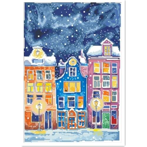 Colored town cross stitch package winter snow city 18ct 14ct 11ct cloth cotton thread embroidery DIY handmade needlework