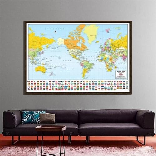 150x225cm The World Mercator Projection Map With National Flags Non-woven Waterproof World Map For Travel And Trip