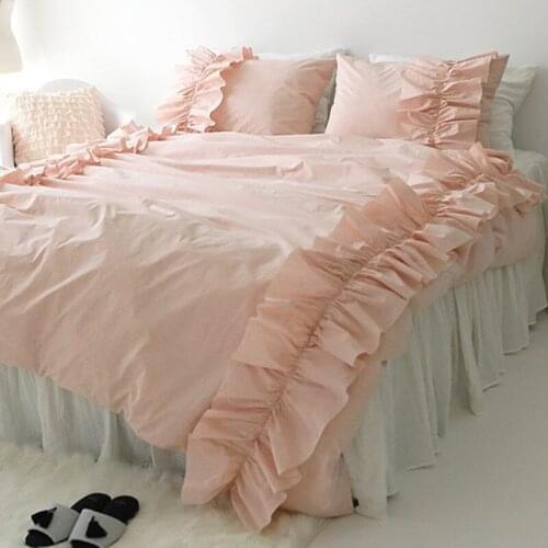 Free shipping Korean princess pink ruffles cotton bedding set no sheet twin full queen king size постельное белье с рюшами YW