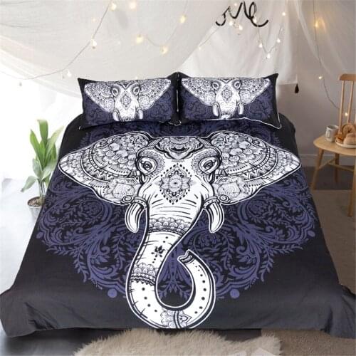 3 Pieces 3D White Elephant Bedding Set Bohemia King Duvet Cover set with Pillowcase Black Dark Blue Printed Indian Bed Set Cover