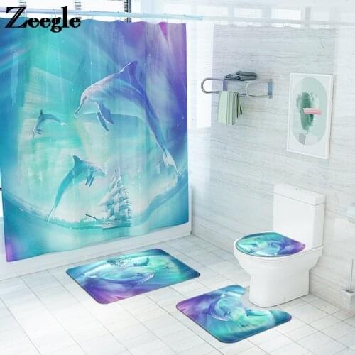 Bath Mat and Polyester Shower Curtain Set Dolphin Printing Toilet Mat Memory Foam U-Shaped Toilet Rug Non-slip Floor Mat