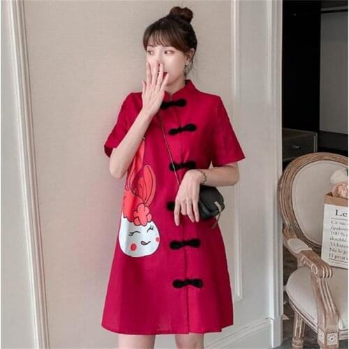 Red Korean Style Cheongsam Cartoon Print Slim Qipao Women Standing Collar Buttons Sexy Asian Dress Plus Size Robes Orientales