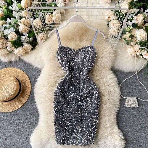 2020 Fashion Autumn Silver Sequined Bodycon Sexy Dress Women Spaghetti Strap Sleeveless Backless Christmas Party Dress Vestidos