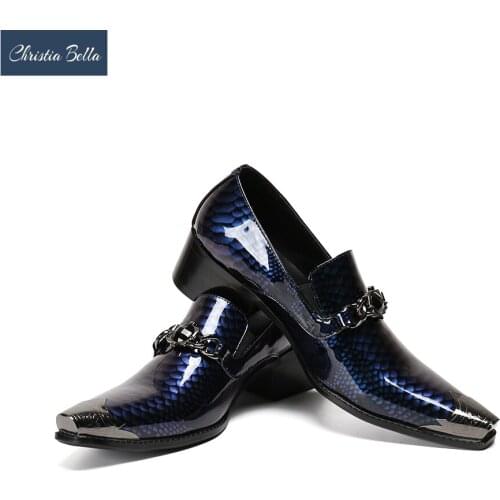 Christia Bella British Print Men Genuine Leather Shoes Fashion Pointed Toe Business Leather Shoes Slip On Wedding Formal Shoes