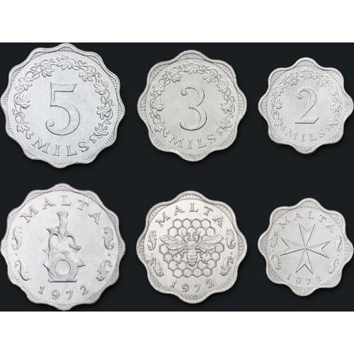 Malta 1972 Shaped Aluminum Set 3 Coins Original True Real Genuine Coin European Collectible Gift UNC