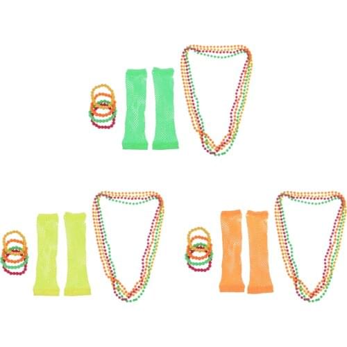 Set of 9 Womens 60s 80s Cosplay Beads Necklace Bracelet Fishnet Gloves