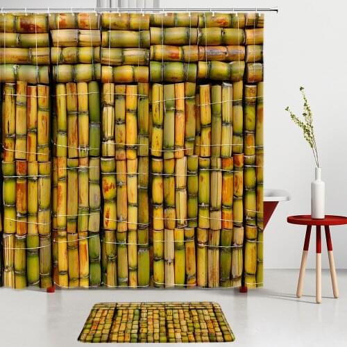 Chinese Style Bamboo Shower Curtains Set Yellow Green Print Bath Mats Entrance Door Mats Bathroom Rug Kitchen Room Decoration