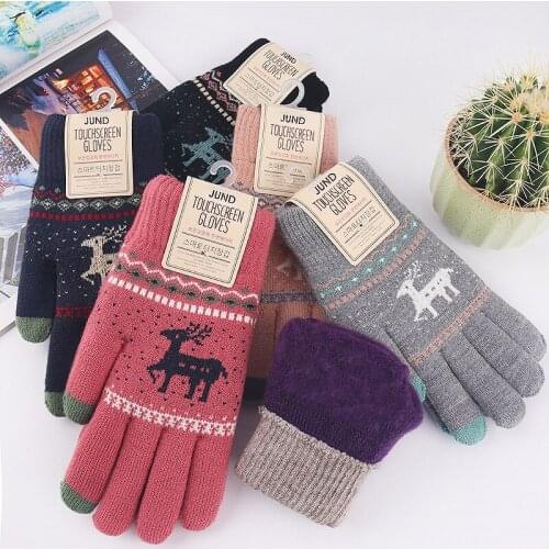 New knitted touch screen gloves for women winter Korean version plus velvet thickened cold deer wool warm gloves