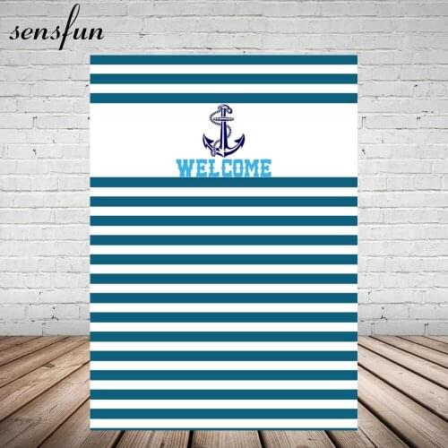 Sensfun Anchor Nautical Theme Party Backdrop White Blue Stripes Backgrounds For Photo Studio 5x7FT Vinyl