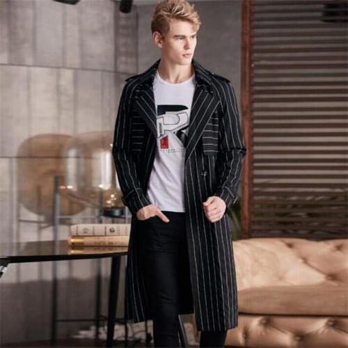 Striped trench coats mens windbreaker over the knee long section 2021 autumn and winter new loose raglan belt coat european