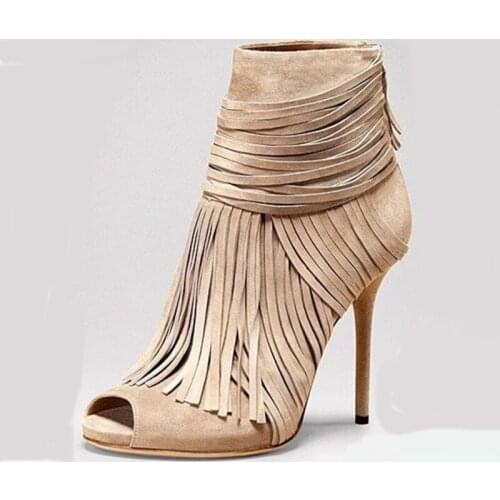 Shoes Woman Charming Beige Suede Fringed Heels Ankle Boots Female Sexy Peep Toe Strappy Stiletto Sandal Booties Real Photos