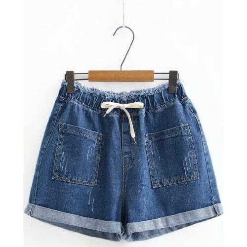 Plus Size Womens 2XL-5XL Denim Shorts Female Elastic Waist Loose thin All-match Shorts with Pockets