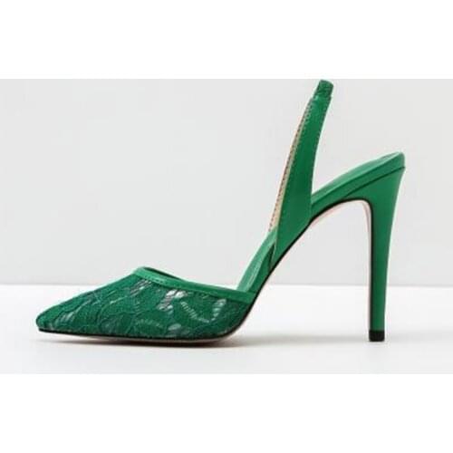 Sexy Pointed Toe Lace High Heel Pumps Green Mesh Slingback Sandals For Women 2018 Spring Autumn Dress Shoes Big Size 12