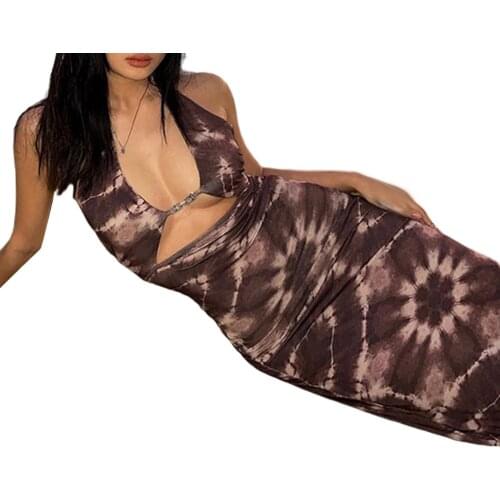 2021 Summer Womens Halter Bodycon Midi Dress Sleeveless Backless Tie Dye Print Cutout Long Dress