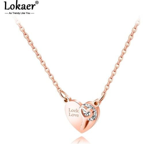 Lokaer Romantic Lock Love CZ Heart Key Charm Pendant Necklaces Titanium Steel Rose Gold Chokers Necklace For Women Girls N17058