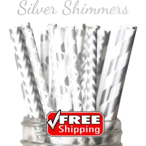 200pcs Mixed 4 Designs SILVER SHIMMERS Themed Paper Straws-Metallic Silver-Striped,Dot,Chevron,Damask Holiday Wedding Party Bulk