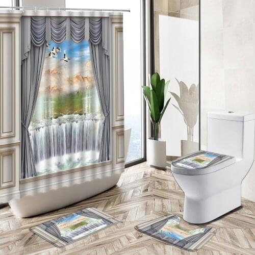 3D Window Scenery Printing Shower Curtain Set Forest Waterfall Ocean Beach Landscape Bath Mat Toilet Lid Cover Bathroom Carpet