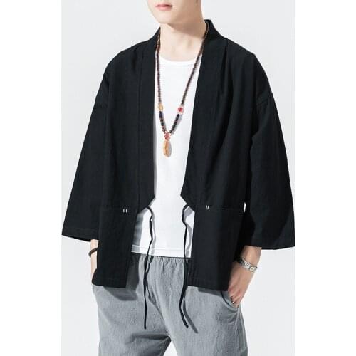 #7907 Japanese Kimono Coat Men Cotton Linen Jacket Loose Casual Vintage Streetwear Shirts For Man Plus Size M-5XL Red Black Blue