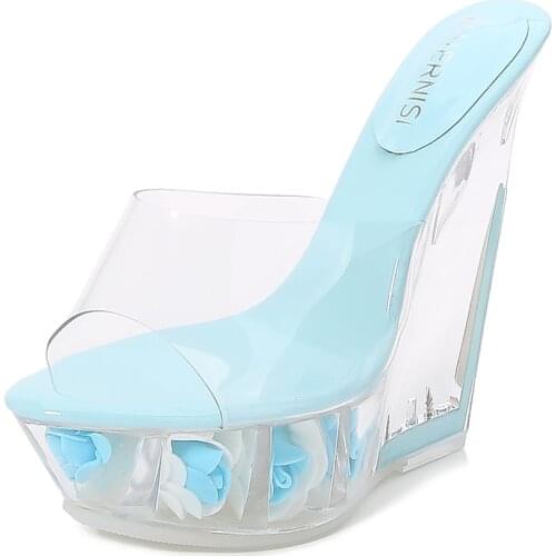 Transparent crystal Womon Sandals 14cm wedges Slippers wedges shoes for women Stiletto Casual Fashion sandalias Woman Plus:35-38