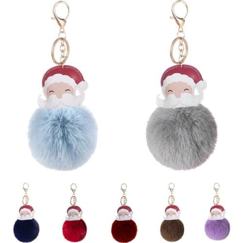 Santa Claus Key Chains Christmas Plush Ball Cute Cartoon Bag Car Ornament Handmade Craft Pendant PU Leather Fashion Accessories