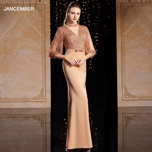 J9068 jancember dark champagne golden evening dress deep v-neck sequin beading long celebrity dresses party выпускное платье