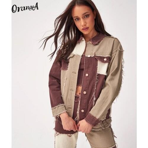 OrangeA Summer Women Harajuku Patchwork Jean Jacket Vintage Denim Coat Oversized Pocket Single Breasted Streetwear Loose Outfits