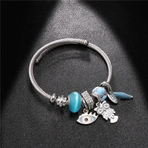 Ethnic Stainless Steel Bracelets & Bangles Boho Jewelry Opal Stone Bead Evil Eye Animal Owl Charms Armband Luxury Jewellery 2020