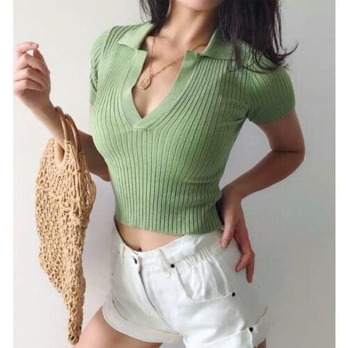 Heliar Women Summer Polo Shirts Sexy Slim Crop Top Knitted V-Neck T-shirt Female Solid Cute T Shirt For Women
