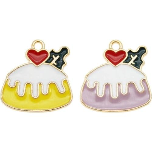 Julie Wang 6PCS Enamel Muffin Cake Charms Artificial Food Alloy Cream Cake Gold Tone Pendant Bracelet Jewelry Making Accessory