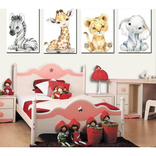 Nordic Simple Cartoon Animal Print Canvas Painting Cute Zebra Giraffe Lion Elephant Poster Children Room Wall Art Decor Pictures