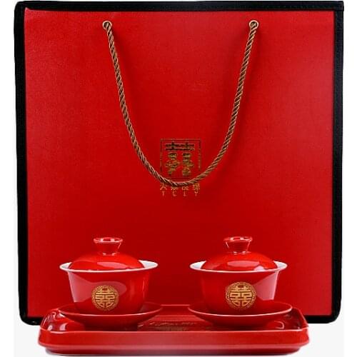 Chinese wedding tea cup ceramic red double happiness teacup with cover tureen tray gift box teaware set