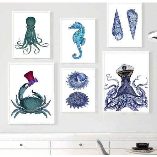 Crab Octopus Seahorse Shell Conch Marine Life Wall Art Canvas Painting Nordic Posters And Prints Wall Pictures Kids Room Decor