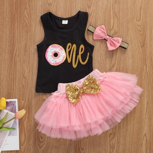 Summer 0-24m Baby Girl Clothes Vest Printn Top + Lace Tutu Mini Skirt +Bow Donut Headband Birthday Party 3Pcs Outfit Set