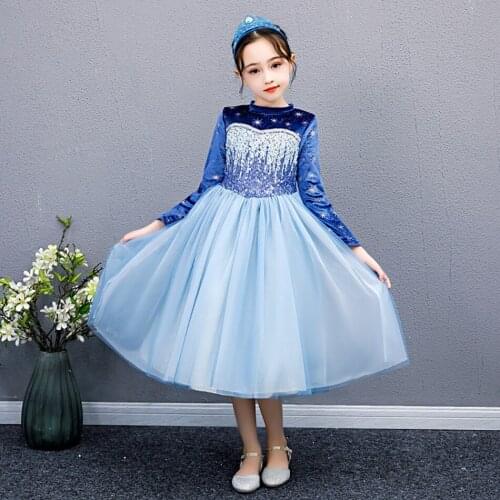 Autumn Winter Long Sleeve Elsa Dress Kids New Year Party Costume Baby Girl Snow Queen Role Playing Frocks