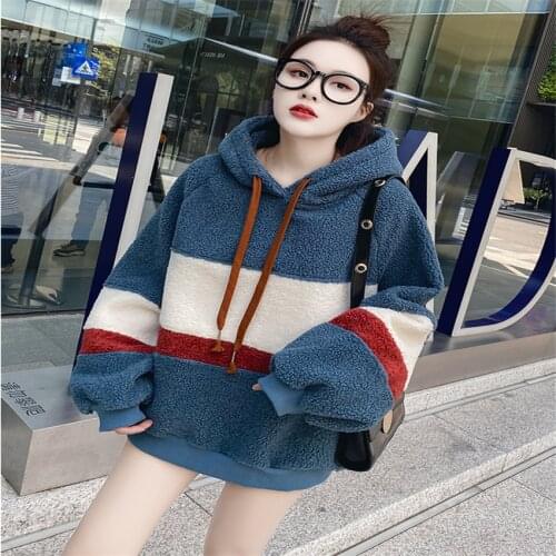 Autumn and winter ladies' hoodie with plush and thick imitation lamb wool hoodie for girls' students winter warm coat